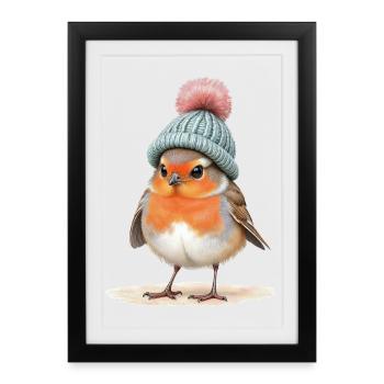 Robin in Knit Winter Hat - Framed poster (27 × 37 cm) - black - Front