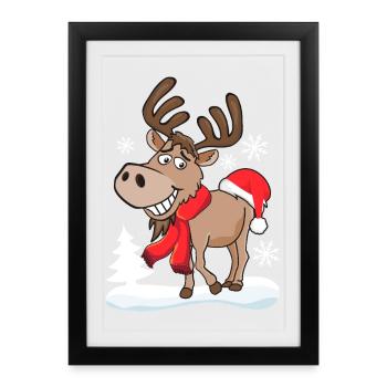 Grinsendes Cooles Rentier mit Weihnachtsmütze - Gerahmtes Poster (27 × 37 cm) - Schwarz - Vorne