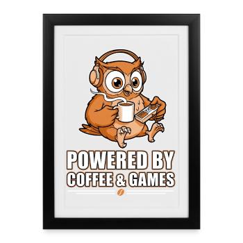 Eule mit Kaffee und Games - Gerahmtes Poster (27 × 37 cm) - Schwarz - Vorne