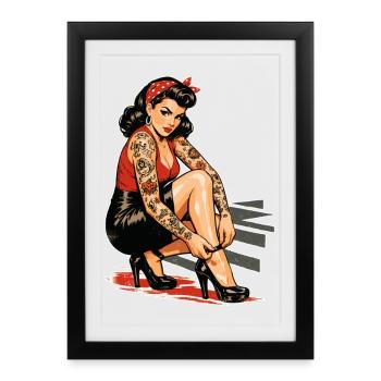 Pin-up de tatouage : Imprimé publicitaire rétro & talons hauts - Affiche encadrée (27 × 37 cm) - noir - Devant