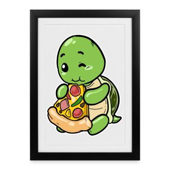 Tortue mignonne avec pizza : motif gastronomique drôle - Affiche encadrée (27 × 37 cm) - noir - Devant