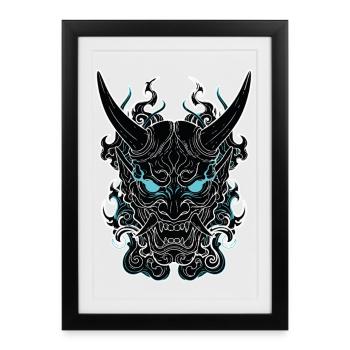 Masque Oni Cyberpunk Portrait Bleu - Affiche encadrée (27 × 37 cm) - noir - Devant