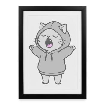 Chat en sweat à capuche - Affiche encadrée (27 × 37 cm) - noir - Devant