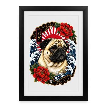 Mops im japanischen Irezumi Tattoo Stil - Gerahmtes Poster (27 × 37 cm) - Schwarz - Vorne