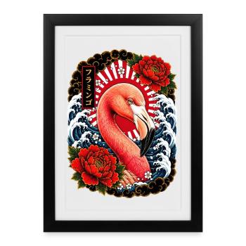Flamingo im japanischen Irezumi Stil - Gerahmtes Poster (27 × 37 cm) - Schwarz - Vorne