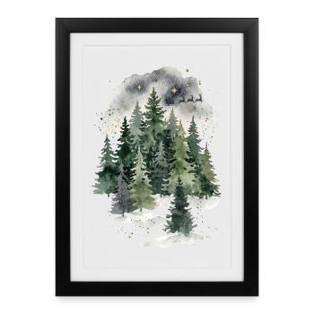 Nachtwald Winterwald Aquarell - Gerahmtes Poster (27 × 37 cm) - Schwarz - Vorne