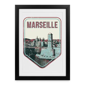 Badge retro, Marseille France est ma ville natale - Affiche encadrée (27 × 37 cm) - noir - Devant