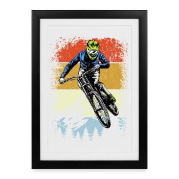 Pilote de moto tout-terrain rétro sur rayures coucher de soleil - Affiche encadrée (27 × 37 cm) - noir - Devant