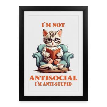 Chat malin avec lunettes de lecture - Affiche encadrée (27 × 37 cm) - noir - Devant