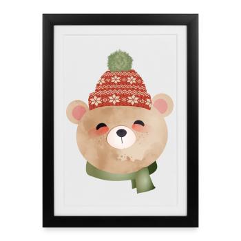 ours mignon avec bonnet à pompon et écharpe en hiver - Affiche encadrée (27 × 37 cm) - noir - Devant