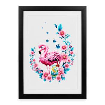 Flamant rose élégant avec des fleurs tropicales. - Affiche encadrée (27 × 37 cm) - noir - Devant