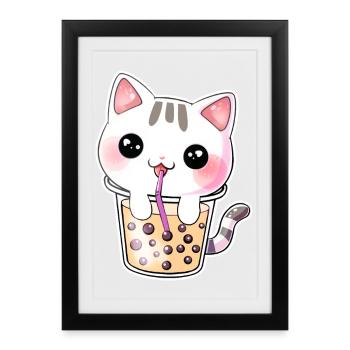 Kawaii Bubble Tea Cat - Framed poster (27 × 37 cm) - black - Front