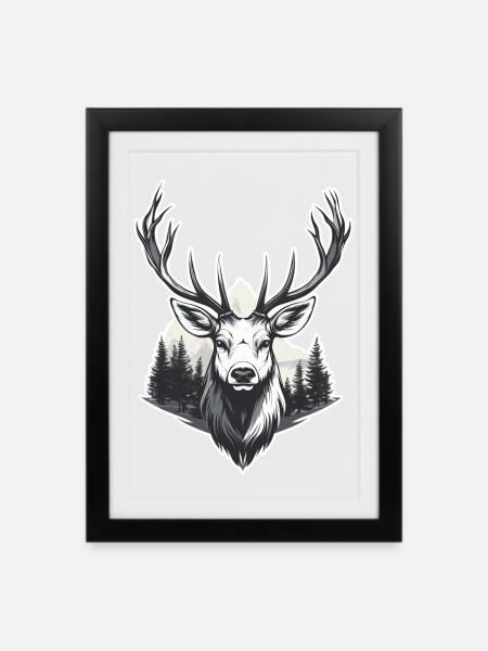 Hirschkopf Waldlandschaft - Gerahmtes Poster (27 × 37 cm) - Schwarz
