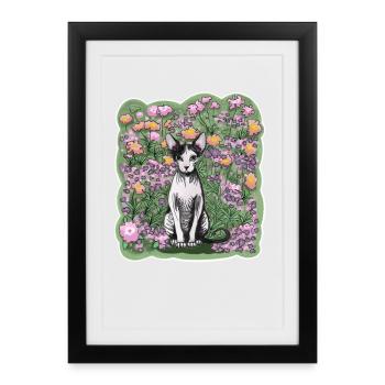 Illustration d’un chat sphynx parmi les fleurs - Affiche encadrée (27 × 37 cm) - noir - Devant