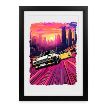 Illustration de poursuite en voiture de ville au néon - Affiche encadrée (27 × 37 cm) - noir - Devant