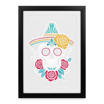 Crâne en sucre avec sombrero et roses Mexique - Affiche encadrée (27 × 37 cm) - noir - Devant