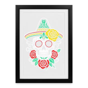 Crâne en sucre mexicain Sombrero roses - Affiche encadrée (27 × 37 cm) - noir - Devant