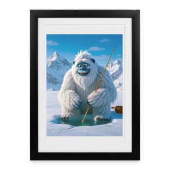 Yeti fishing on frozen glowing lake - Framed poster (27 × 37 cm) - black - Front