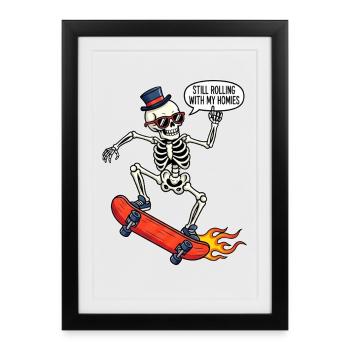 Skeleton on skateboard with hat and sunglasses - Framed poster (27 × 37 cm) - black - Front