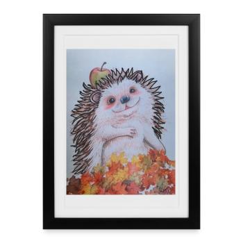 EG Hérisson avec pomme I Jardin I Vacances I Automne I Fun - Affiche encadrée (27 × 37 cm) - noir - Devant