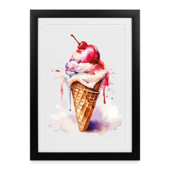 Aquarell Eiscreme Tropfen Kunst Cone - Gerahmtes Poster (27 × 37 cm) - Schwarz - Vorne
