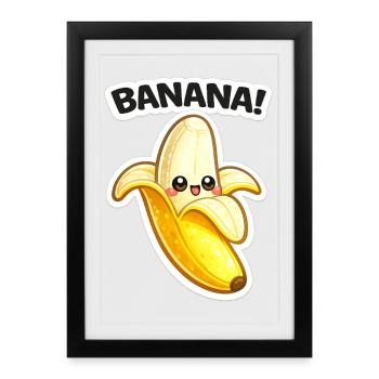 Impression de banane dessinée Kawaii - Affiche encadrée (27 × 37 cm) - noir - Devant