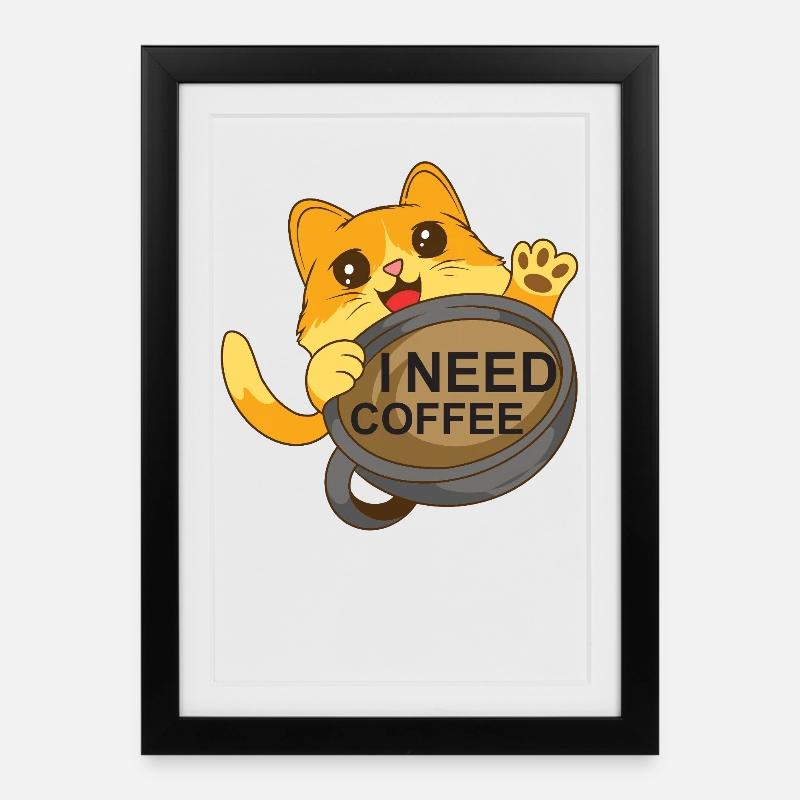 Le chat a besoin de café - Affiche encadrée (27 × 37 cm) - noir