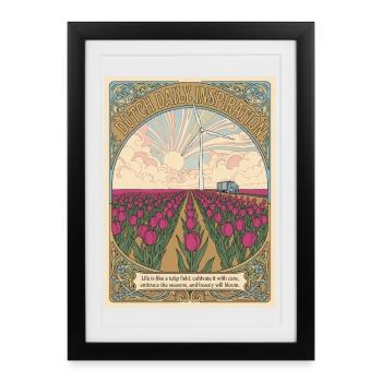 Champ de tulipes et éolienne - Affiche encadrée (27 × 37 cm) - noir - Devant