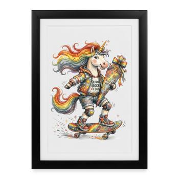 Skateur Unicorn Retour à l’école 2026 - Affiche encadrée (27 × 37 cm) - noir - Devant