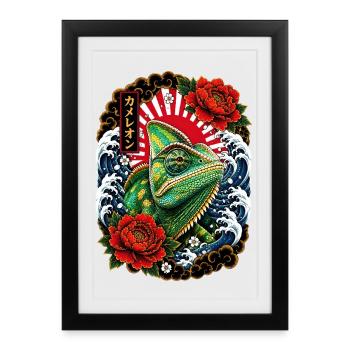 Chamäleon im japanischen Irezumi Tattoo Stil - Gerahmtes Poster (27 × 37 cm) - Schwarz - Vorne