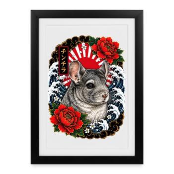 Chinchilla im japanischen Irezumi Tattoo Stil - Gerahmtes Poster (27 × 37 cm) - Schwarz - Vorne