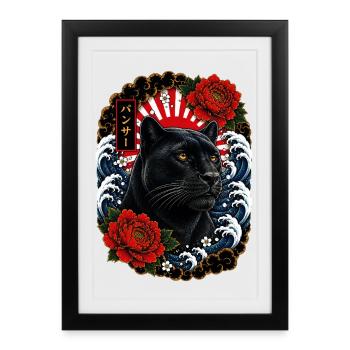 Schwarzer Panther im japanischen Irezumi Stil - Gerahmtes Poster (27 × 37 cm) - Schwarz - Vorne