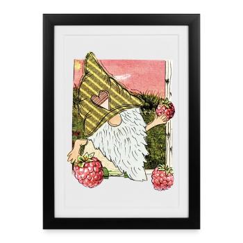 Garden gnome with raspberries - Framed poster (27 × 37 cm) - black - Front