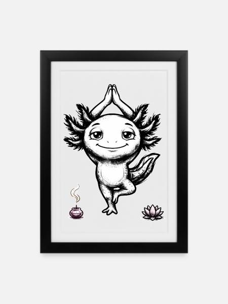 Yoga Axolotl Meditation – Namaste Cute Art - Gerahmtes Poster (27 × 37 cm) - Schwarz