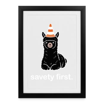 Safety First – Lustiges süßes Alpaka Motiv - Gerahmtes Poster (27 × 37 cm) - Schwarz - Vorne