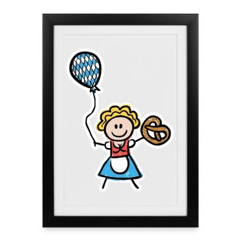 Lustiges Madl im Dirndl mit Luftballon und Brezel - Gerahmtes Poster (27 × 37 cm) - Schwarz - Vorne