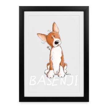 Happy Basenji I Race de chien Comic I Chien - Affiche encadrée (27 × 37 cm) - noir - Devant