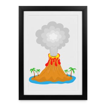Volcan, éruption, île volcanique, lave, palmiers, montagne - Affiche encadrée (27 × 37 cm) - noir - Devant