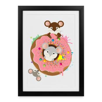 Trois souris mignonnes et un beignet avec un glaçage rose - Affiche encadrée (27 × 37 cm) - noir - Devant