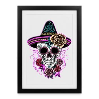 Sugar Skull Halloween Roses Sombrero - Affiche encadrée (27 × 37 cm) - noir - Devant