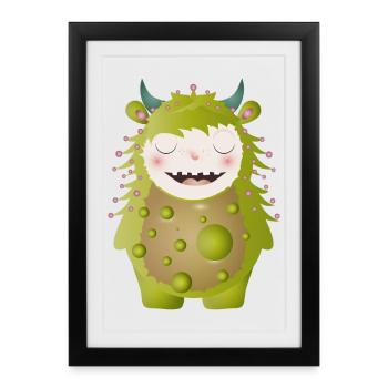Monstre vert mignon avec des cornes - Affiche encadrée (27 × 37 cm) - noir - Devant