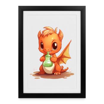 Petite chemise Kawaii Baby Dragon à boire mignonne - Affiche encadrée (27 × 37 cm) - noir - Devant