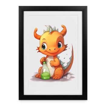 Bébé Dragon Orange Biberon Shirt mignon - Affiche encadrée (27 × 37 cm) - noir - Devant