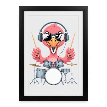 Batteur Flamingo avec casque - Affiche encadrée (27 × 37 cm) - noir - Devant