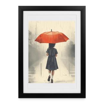 Girl Under Umbrella In Intense Rain - Framed poster (27 × 37 cm) - black - Front
