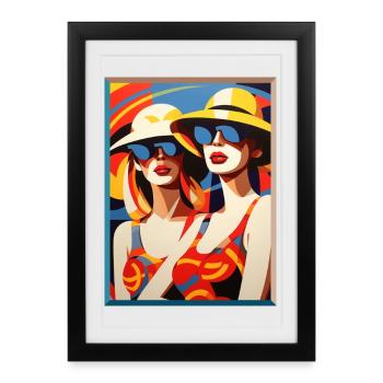 Pop Art Deux Dames avec Lunettes de soleil Chapeau D’été - Affiche encadrée (27 × 37 cm) - noir - Devant