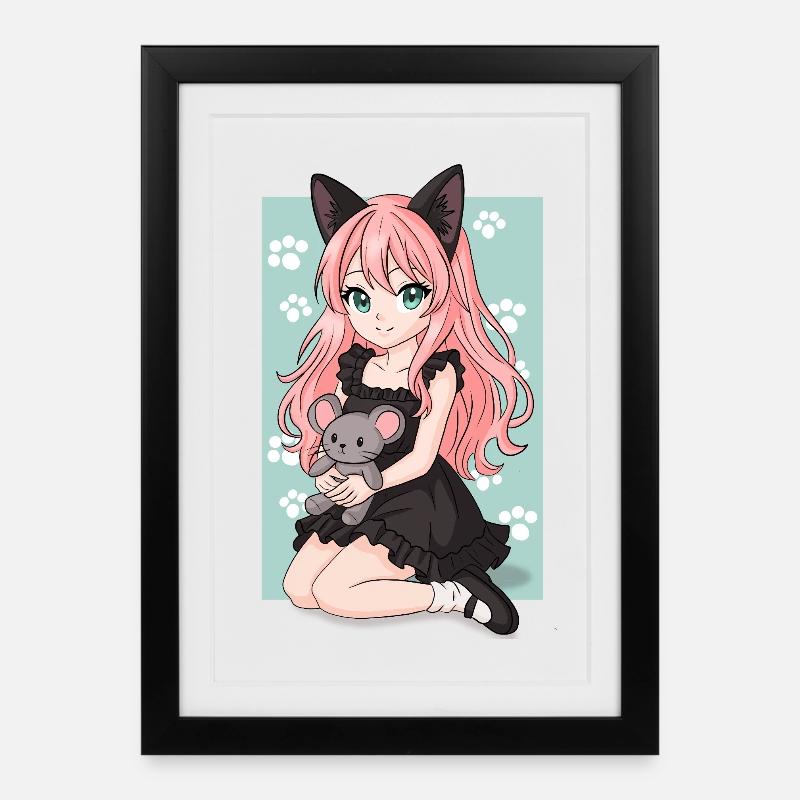 fille_chat - Gerahmtes Poster (27 × 37 cm) - Schwarz