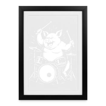 Funny Pig joue de la batterie - Affiche encadrée (27 × 37 cm) - noir - Devant
