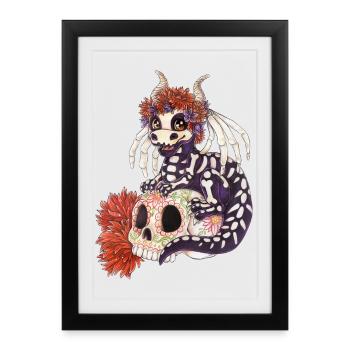 Manga Chibi Dragon La Catrina Day of the Dead - Framed poster (27 × 37 cm) - black - Front