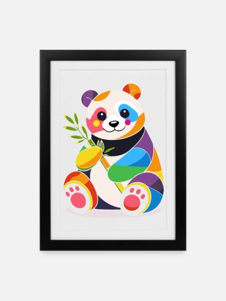 Värikäs panda bambolla – iloinen muotoilu - Kehystetty juliste (27 × 37 cm) - musta
